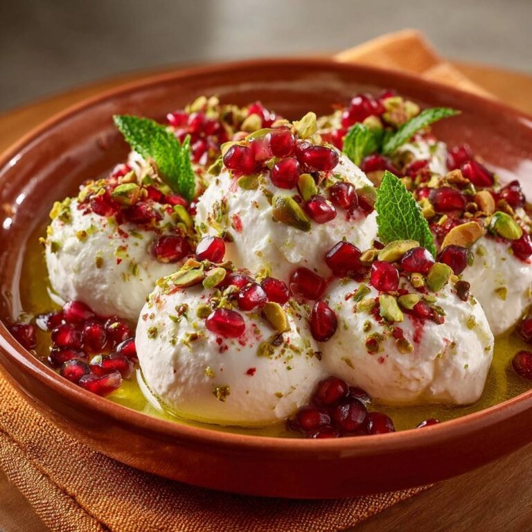Cremige Labneh-Bällchen mit Granatapfel und Pistazien, serviert in einer Schale und mit frischen Minzblättern garniert.