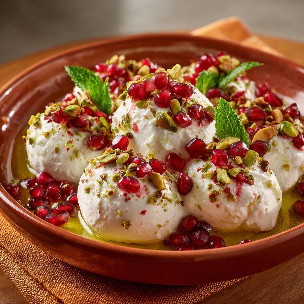 Cremige Labneh-Bällchen mit Granatapfel und Pistazien, serviert in einer Schale und mit frischen Minzblättern garniert.