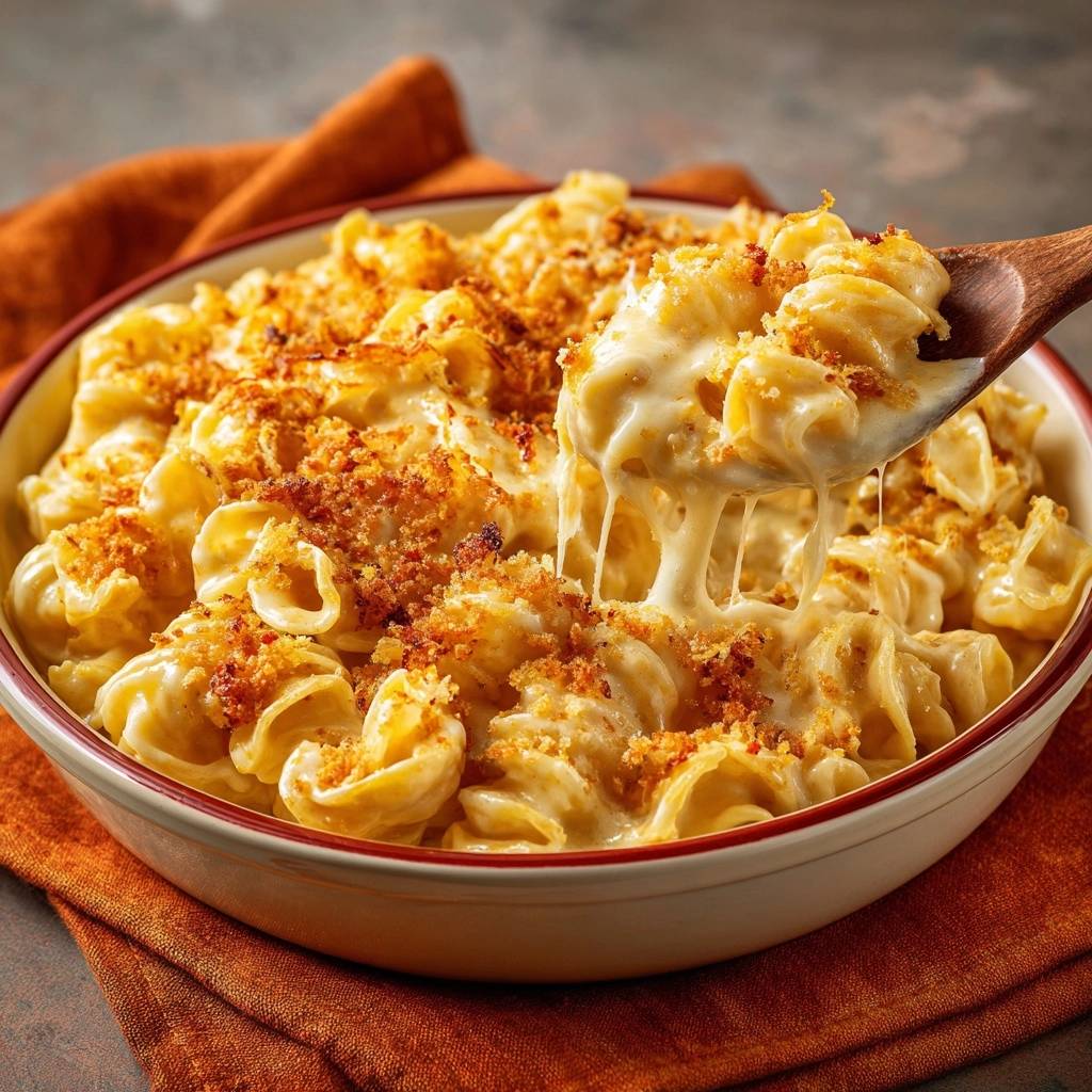 Cremige Mac und Cheese mit Knusperkruste, herausgehoben mit einem Holzloeffel, der den geschmolzenen Kaese zeigt.