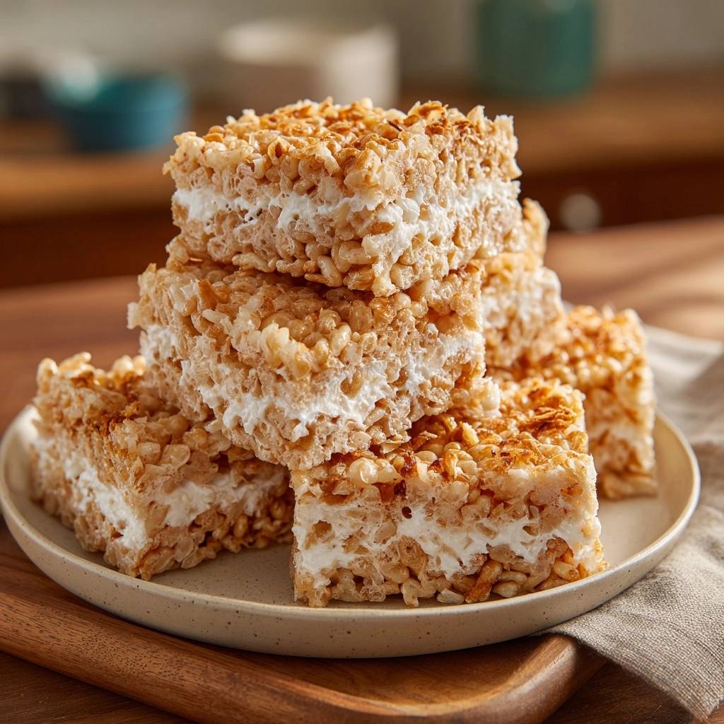 Cremige Marshmallow-Reis-Riegel als Stapel auf einem Teller, Nahaufnahme der Schichten und Textur.