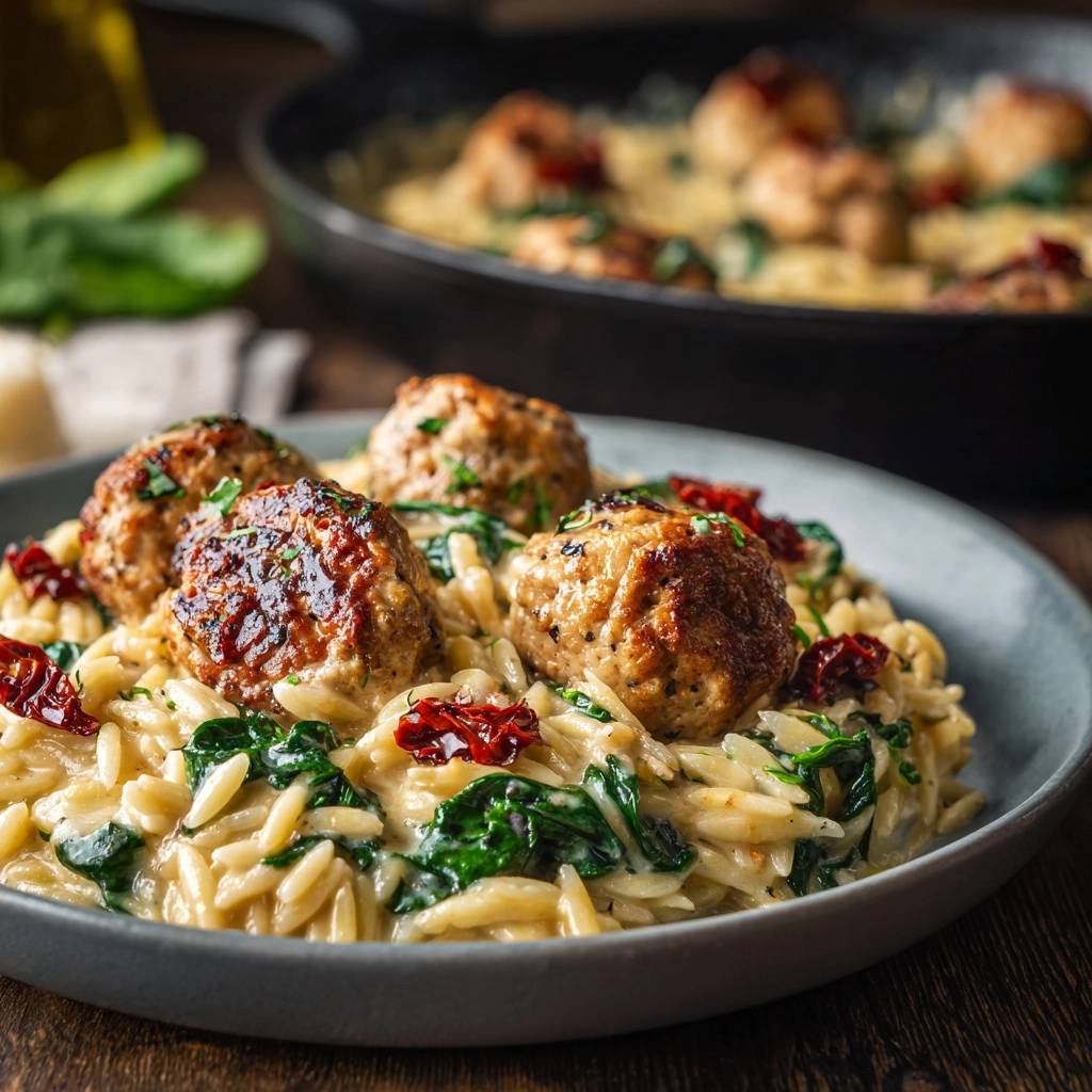 Cremige Orzo-Pfanne mit Fleischbällchen, serviert auf einem Teller mit Spinat und getrockneten Tomaten, Nahaufnahme.