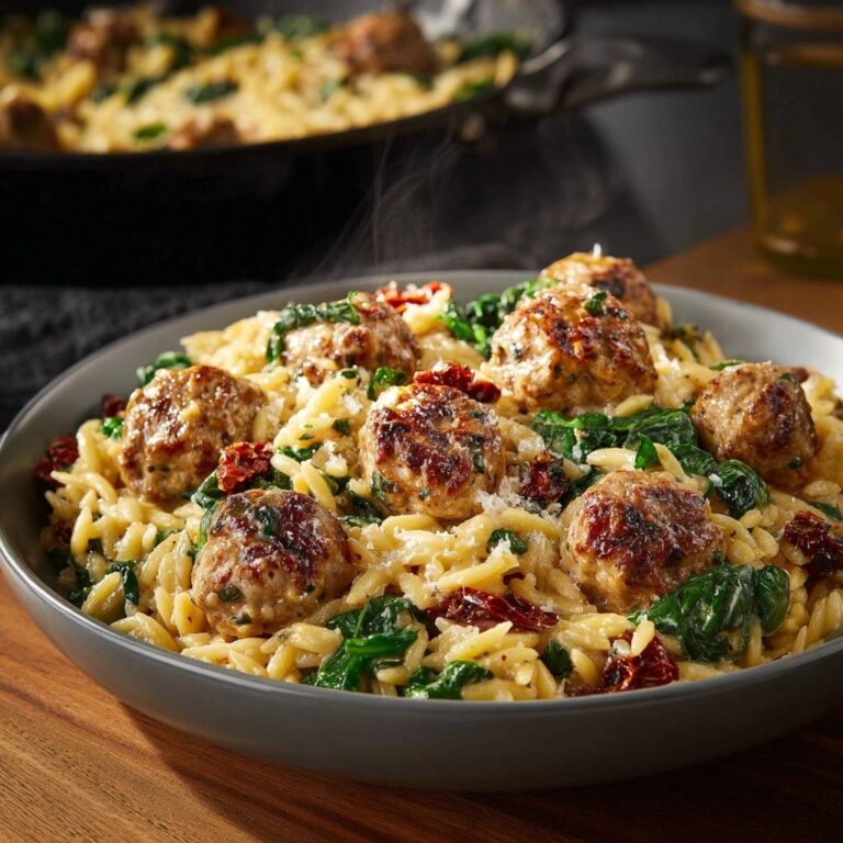 Cremige Orzo-Pfanne mit Fleischbällchen, heiss und dampfend in einer grauen Schüssel serviert, Nahaufnahme.