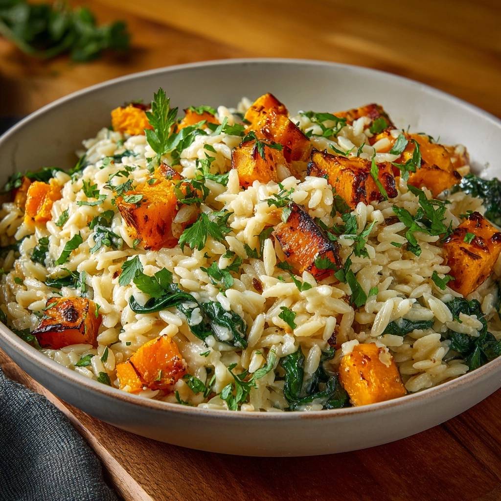 Cremige Orzo-Pfanne mit Röstkürbis, garniert mit frischer Petersilie, Nahaufnahme der einzelnen Komponenten.