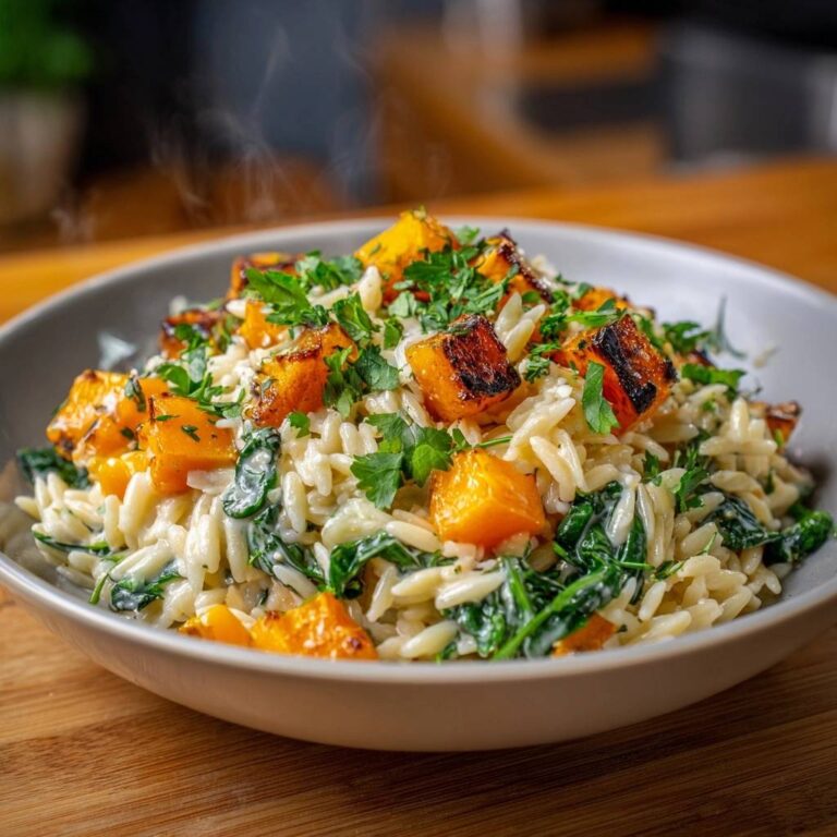 Cremige Orzo-Pfanne mit Röstkürbis, nahaufnahme der dampfenden Pasta mit gebackenen Kürbiswürfeln und Petersilie garniert