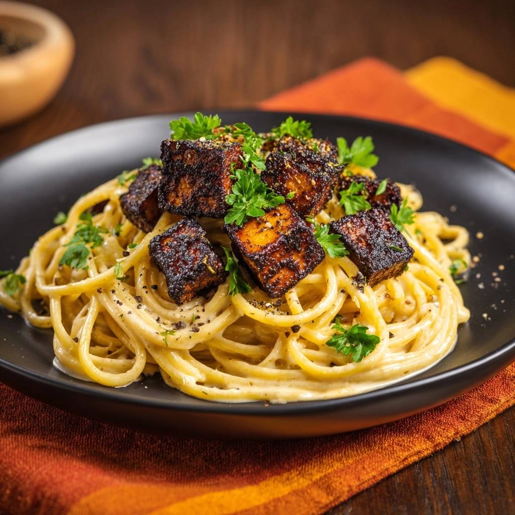 Cremige Pasta mit krossen Tofuwürfeln, garniert mit frischer Petersilie und schwarzem Pfeffer auf einem Teller.