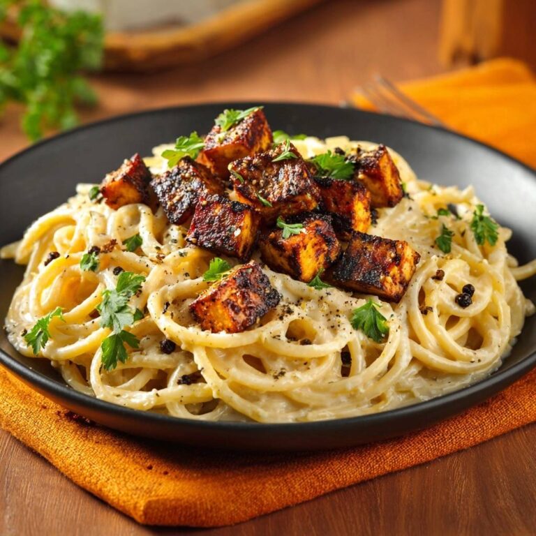 Cremige Pasta mit krossen Tofuwürfeln, garniert mit frischer Petersilie und Pfefferkörnern auf schwarzem Teller.