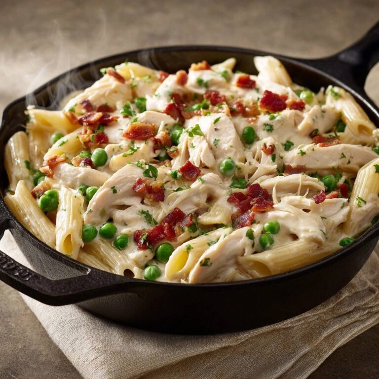 Cremige Penne mit Hähnchen und Speck, dampfend serviert in einer Gusseisenpfanne mit Erbsen und Petersilie.