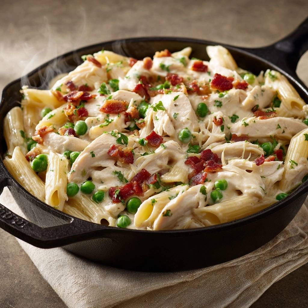 Cremige Penne mit Hähnchen und Speck, dampfend serviert in einer Gusseisenpfanne mit Erbsen und Petersilie.