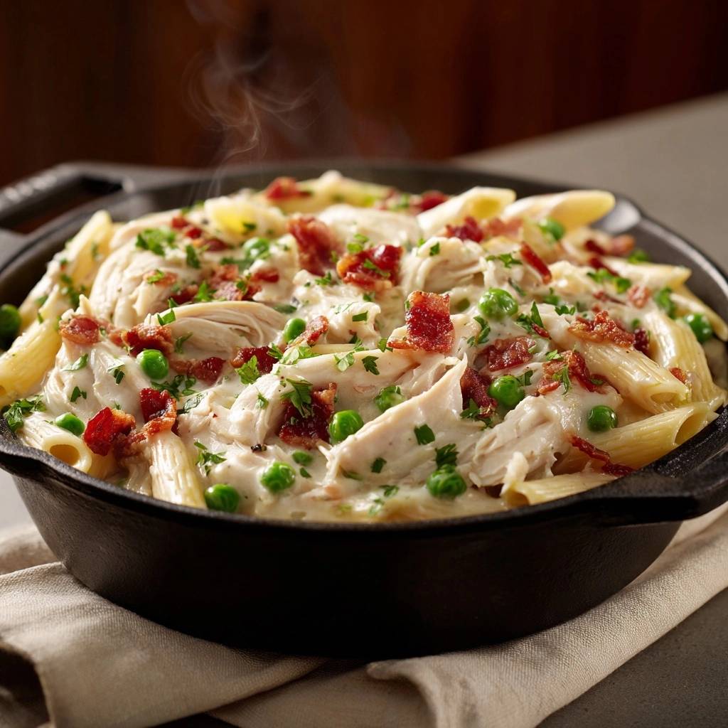 Cremige Penne mit Hähnchen und Speck als detailreiche Nahaufnahme in einer gusseisernen Pfanne, dampfend heiß serviert.