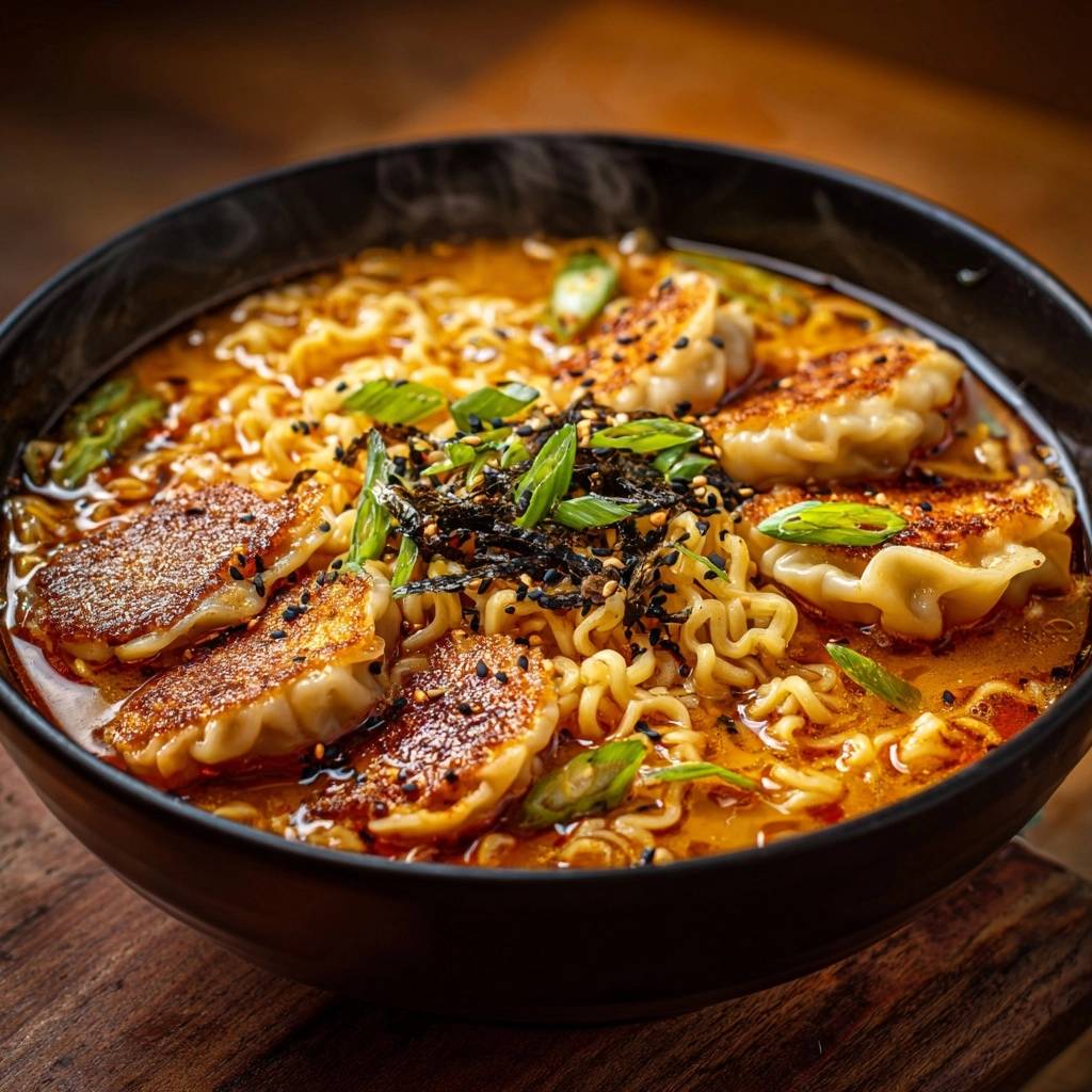 Cremige Ramen mit gebratenen Dumplings, garniert mit Lauchzwiebeln und Algen, Nahaufnahme der Textur.