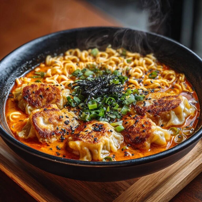 Cremige Ramen mit gebratenen Dumplings, eine Nahaufnahme der dampfenden Schüssel mit Garnitur und Nudeln.