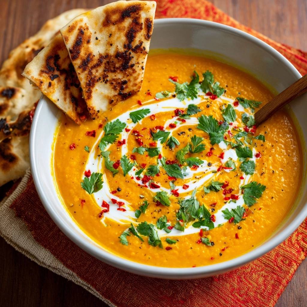 Cremige rote Linsensuppe mit Naan, garniert mit frischer Petersilie und einem Klecks Sahne, serviert mit Fladenbrot.