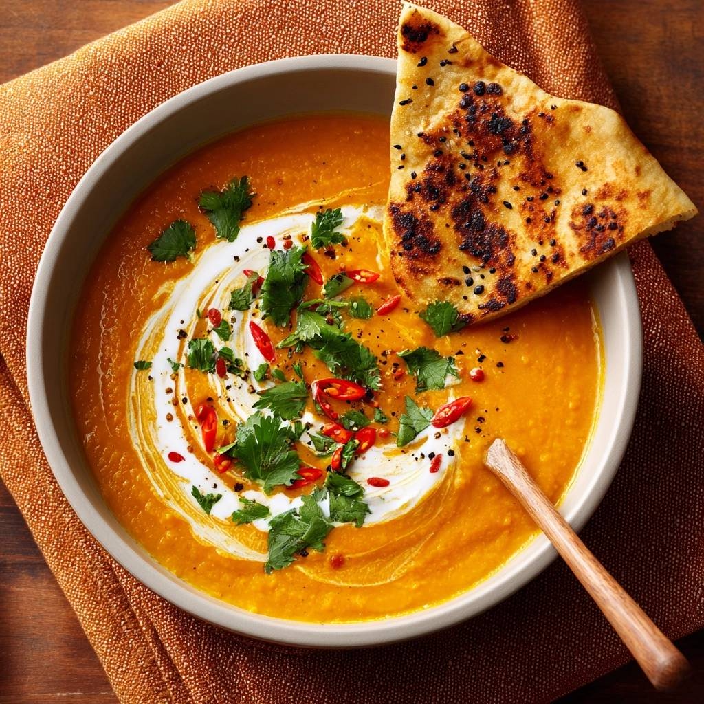 Cremige rote Linsensuppe mit Naan, garniert mit frischem Koriander, Chili und einem Klecks Sahne