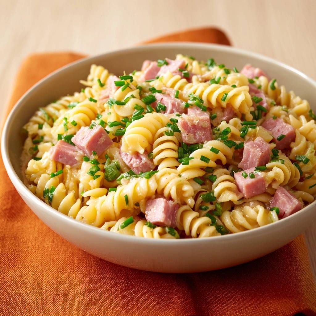 Cremige Schinken-Nudeln mit Schnittlauch, angerichtet in einer Schüssel und garniert mit frischem Schnittlauch.