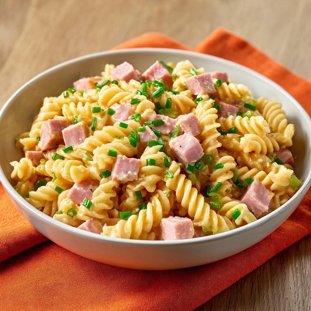 Cremige Schinken-Nudeln mit Schnittlauch, garniert mit frischem Schnittlauch und herzhaften Schinkenwürfeln.