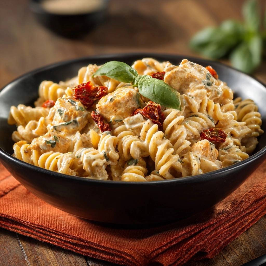 Cremige Toskana-Hähnchen-Pasta in einer schwarzen Schüssel, nahaufnahme mit Basilikum und getrockneten Tomaten garniert.