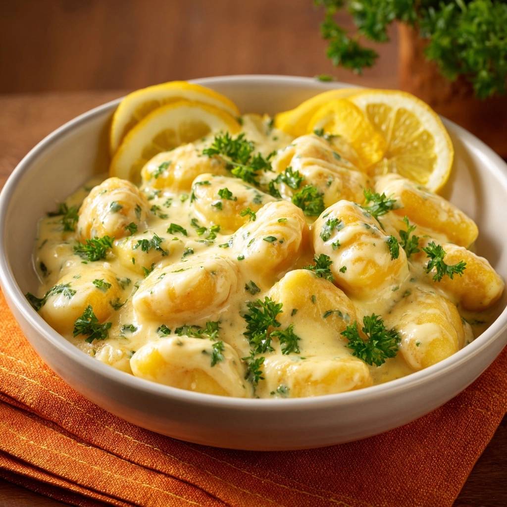 Cremige Zitronen-Gnocchi mit frischer Petersilie und Zitronenscheiben garniert, serviert in einer Schüssel.