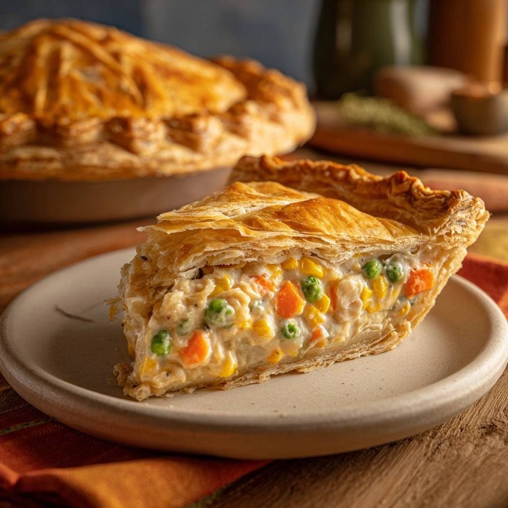 Cremiger Hähnchen-Gemüse-Pie als angeschnittene Portion auf einem Teller, die Füllung mit Gemüse ist gut sichtbar.