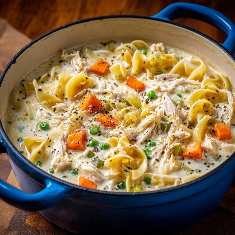 Cremiger Hähnchen-Nudeltopf als Nahaufnahme in einem blauen Topf mit Nudeln, Karotten, Erbsen und Huhn.