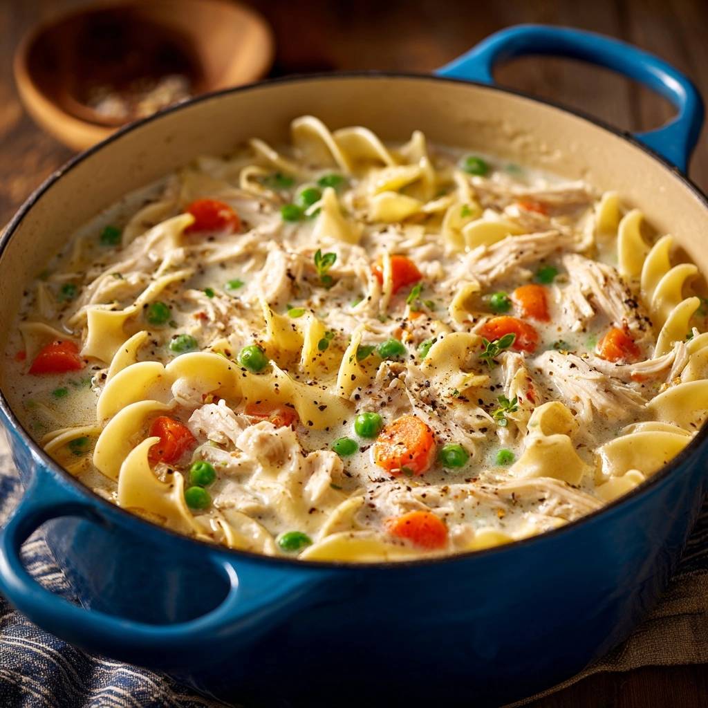 Cremiger Hähnchen-Nudeltopf in einem blauen Topf, Nahaufnahme der dampfenden Nudeln, Hähnchen und Gemüse.