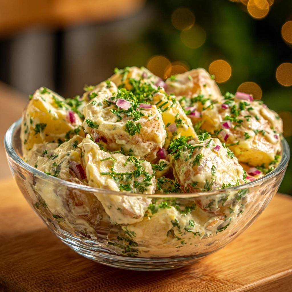 Cremiger Kartoffelsalat mit frischen Kräutern in einer Glasschale, garniert mit roten Zwiebeln und Petersilie.