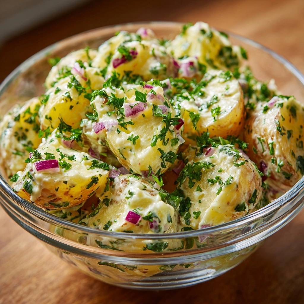 Cremiger Kartoffelsalat mit frischen Kräutern in einer Glasschüssel, Nahaufnahme mit roten Zwiebeln und Petersilie.