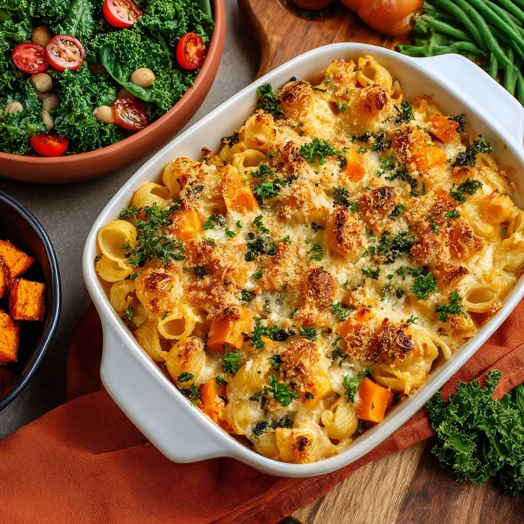 Cremiger Kürbis-Pasta-Auflauf, garniert mit frischer Petersilie und überbackener Käsekruste.