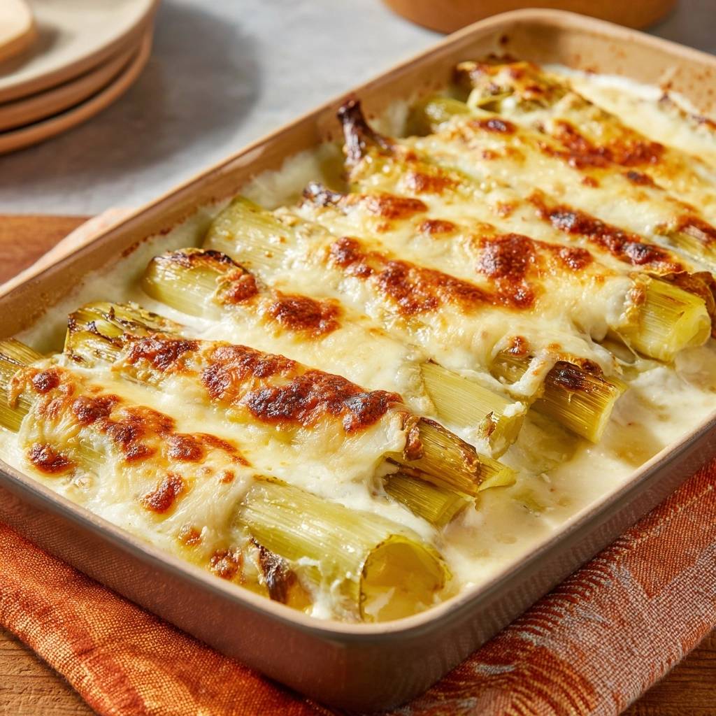 Cremiger Lauch-Auflauf mit Goldkruste, eine Nahaufnahme, wie der geschmolzene Käse über den gebackenen Lauch verläuft.