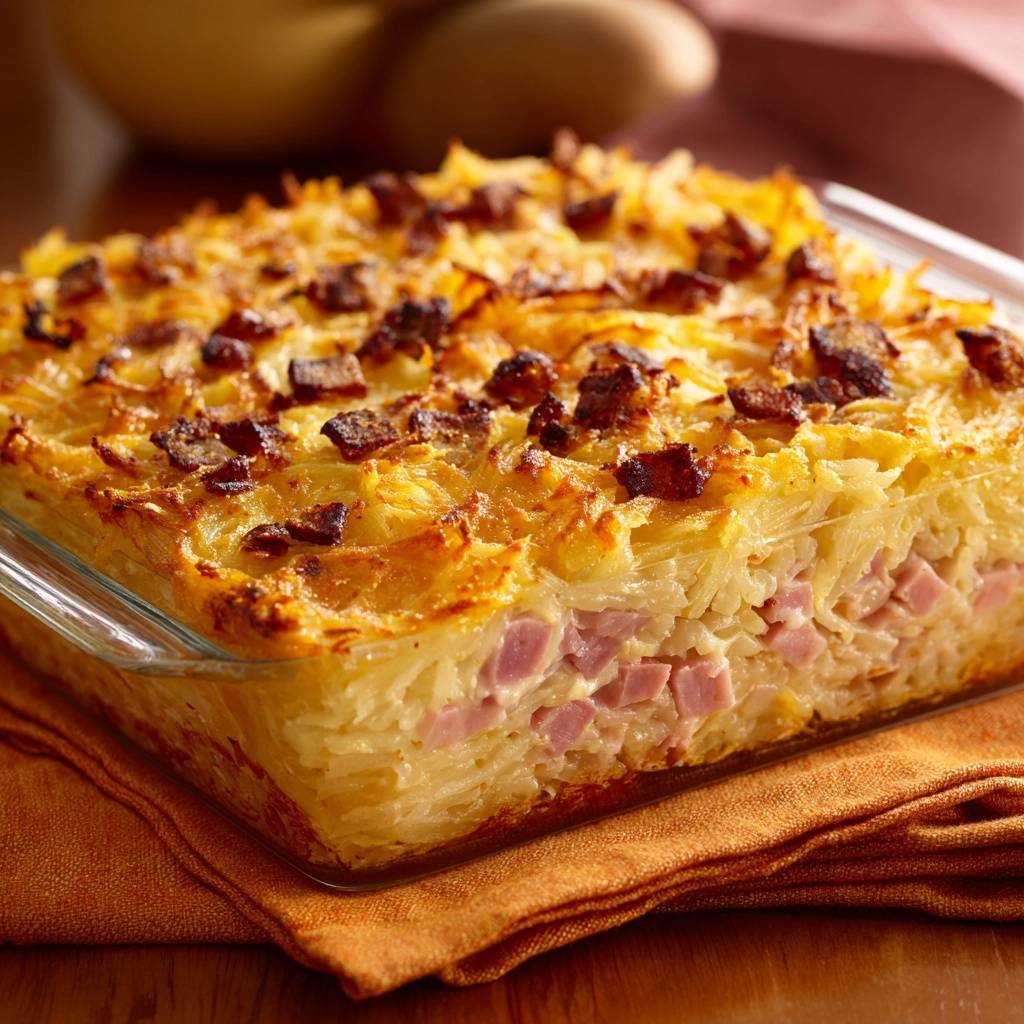 Cremiger Nudelauflauf mit Schinken im Anschnitt, der die Schichten von Schinken und Nudeln zeigt.