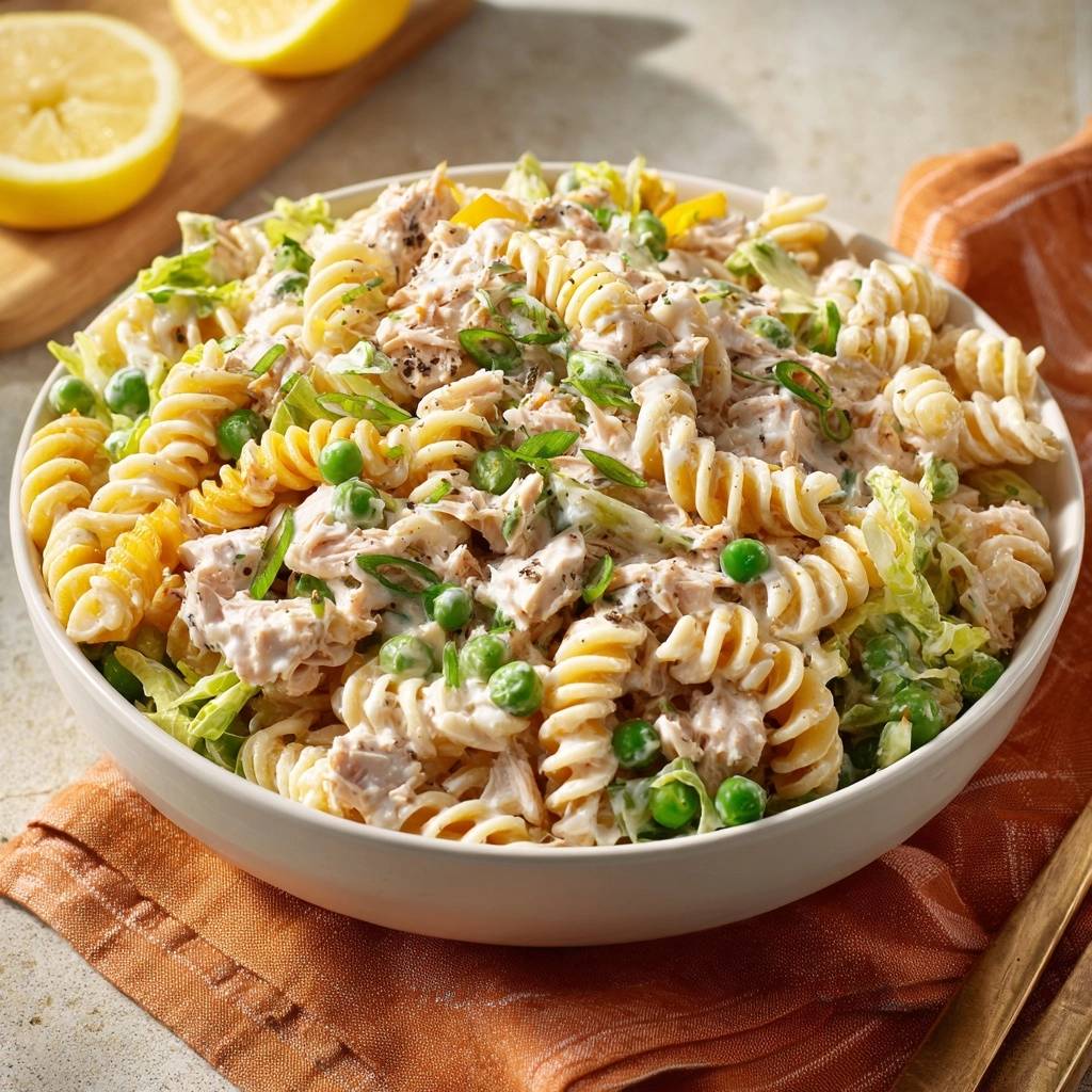 Cremiger Thunfisch-Nudelsalat mit Spiralnudeln, Erbsen und Sellerie in einer Schüssel, Nahaufnahme des Inhalts.