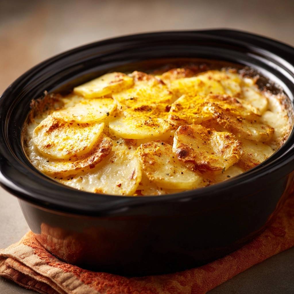 Cremiges Kartoffelgratin aus dem Slow Cooker nah aufgenommen in einem schwarzen Keramiktopf auf einem orangen Tuch.