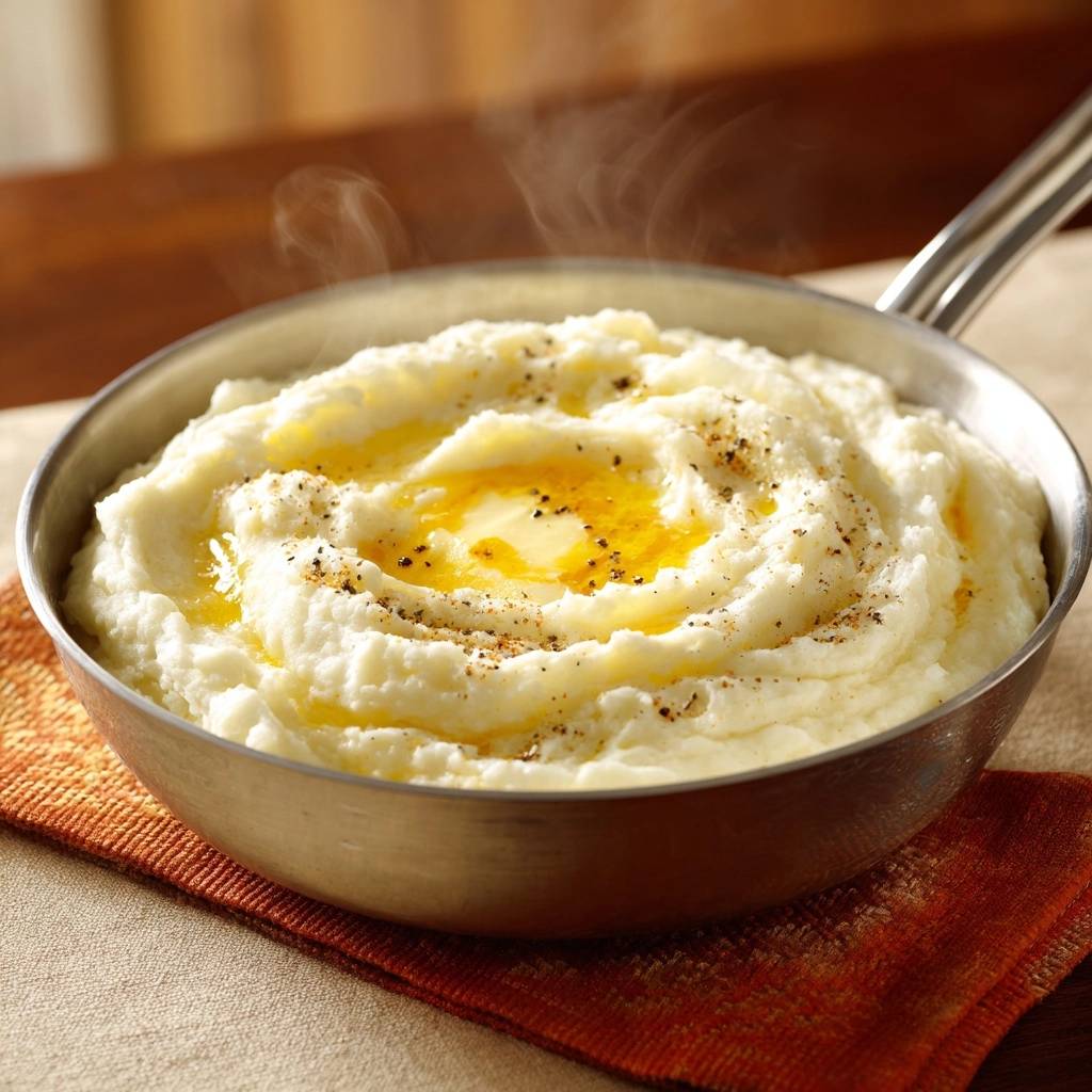 Cremiges Kartoffelpüree mit einem Schmelzpunkt aus Butter und schwarzem Pfeffer, das in einer Metallschüssel dampft.