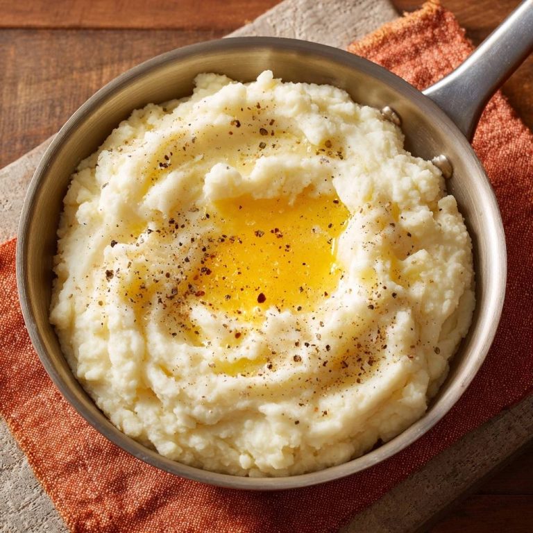 Cremiges Kartoffelpüree mit geschmolzener Butter und Pfeffer in einer metallenen Schüssel, Nahaufnahme mit Fokus auf die Textur.