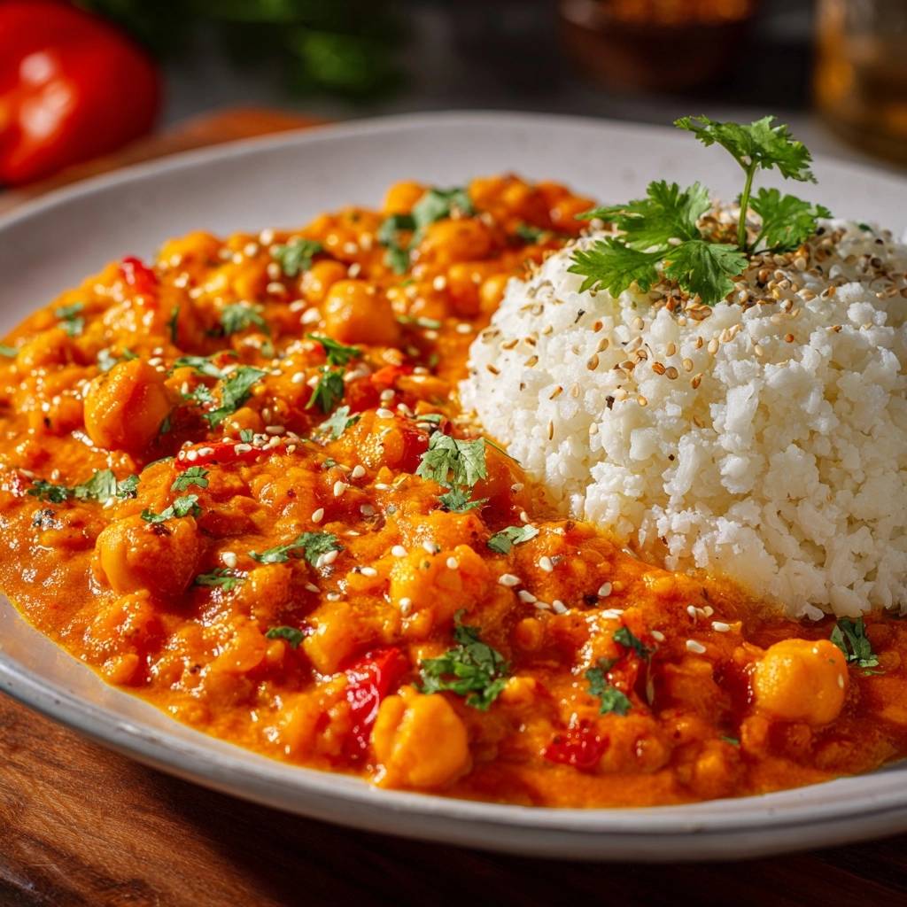 Cremiges Kichererbsen-Curry mit Blumenkohlreis, serviert auf einem Teller und garniert mit Koriander und Sesam.