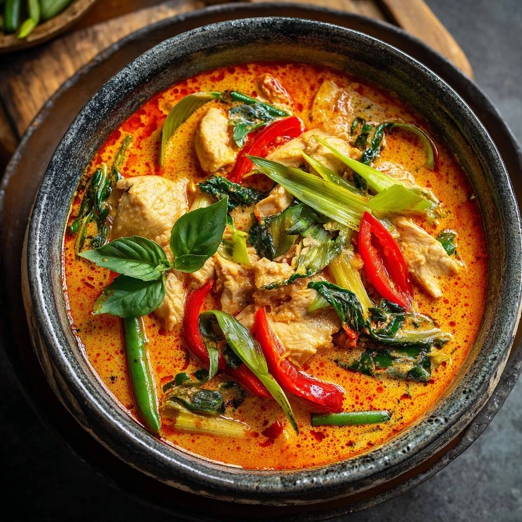 Cremiges rotes Thai-Curry mit Hähnchen als Nahaufnahme mit frischen Chilis und Basilikum garniert