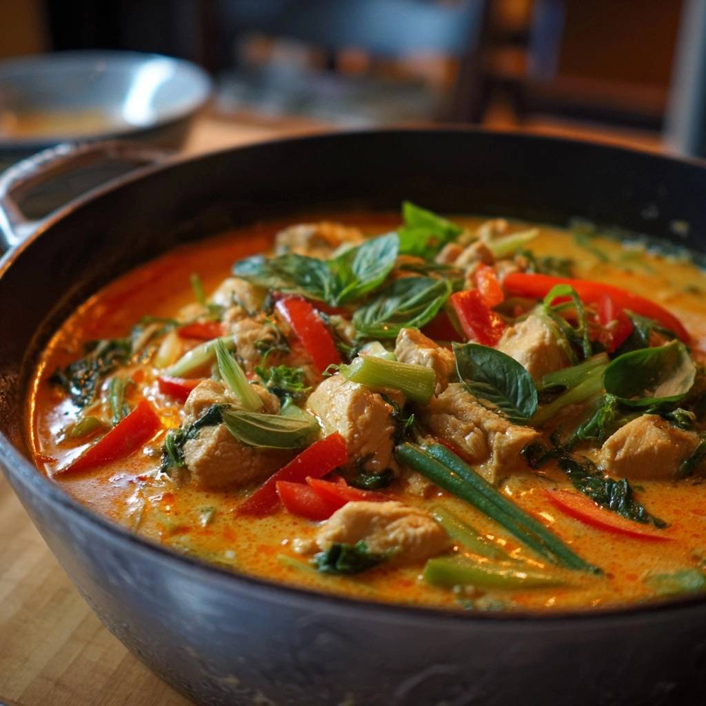 Cremiges rotes Thai-Curry mit Hähnchen, Nahaufnahme der Zutaten und cremigen Sauce mit frischen Kräutern garniert.