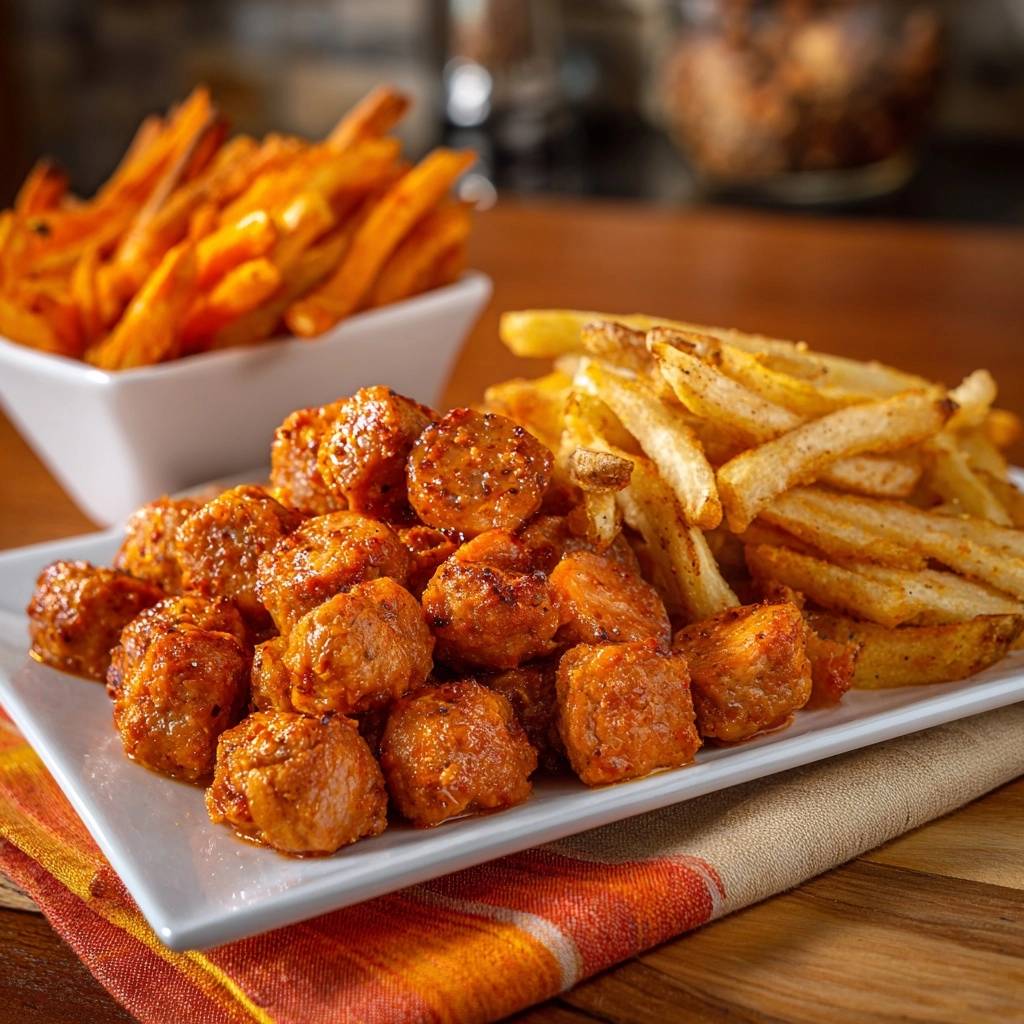 Ultimative Currywurst mit Pommes, serviert auf einem weißen Teller mit einer Nahaufnahme der Würstchen und Pommes.