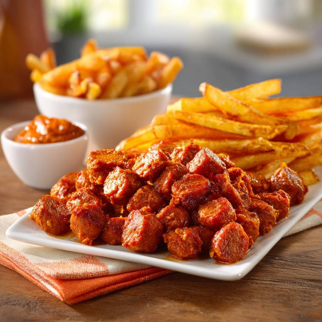 Ultimative Currywurst mit Pommes als Nahaufnahme auf einem Teller mit Dip serviert