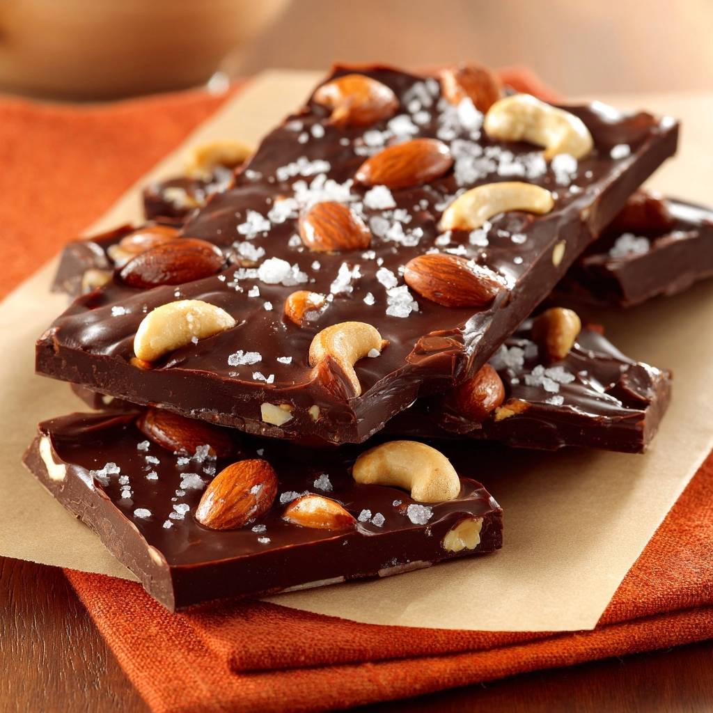 Dunkle Nuss-Meersalz-Schokolade, eine Nahaufnahme der knackigen Schokolade, garniert mit Mandeln, Cashews und grobem Meersalz.