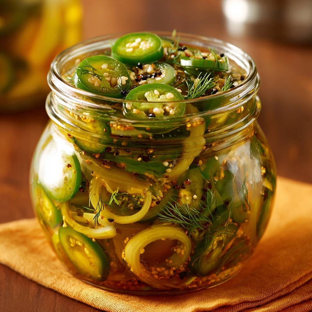 Würzige eingelegte Jalapeños in einem Glas mit Zwiebeln und Gewürzen, Nahaufnahme des Inhalts.