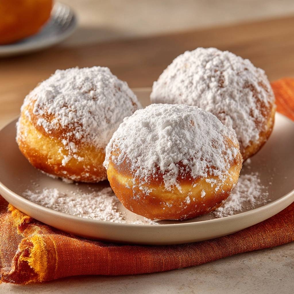 Fluffige Berliner Pfannkuchen mit Puderzucker bedeckt, auf einem Teller angerichtet, nahaufnahme