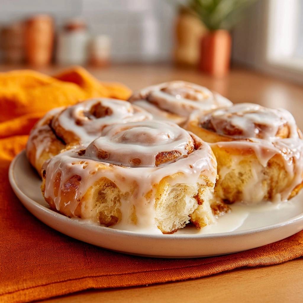 Fluffige Zimtschnecken mit Cream-Cheese-Frosting, eine davon angeschnitten, um das weiche Innere und die Glasur zu zeigen.