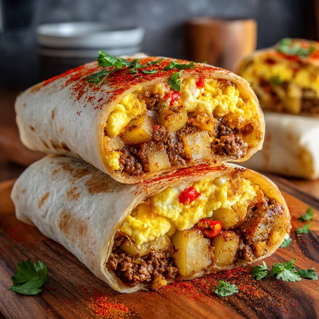 Frühstücks-Burrito mit Rinderhack und Röstkartoffeln, angeschnitten mit sichtbarer Füllung aus Rührei, Hackfleisch und Kartoffeln.
