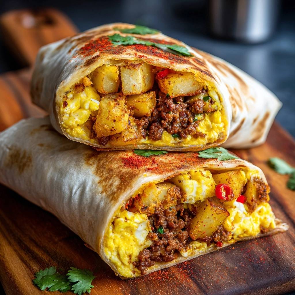 Frühstücks-Burrito mit Rinderhack und Röstkartoffeln im Anschnitt, mit sichtbarem Rindfleisch, Ei und Kartoffeln.