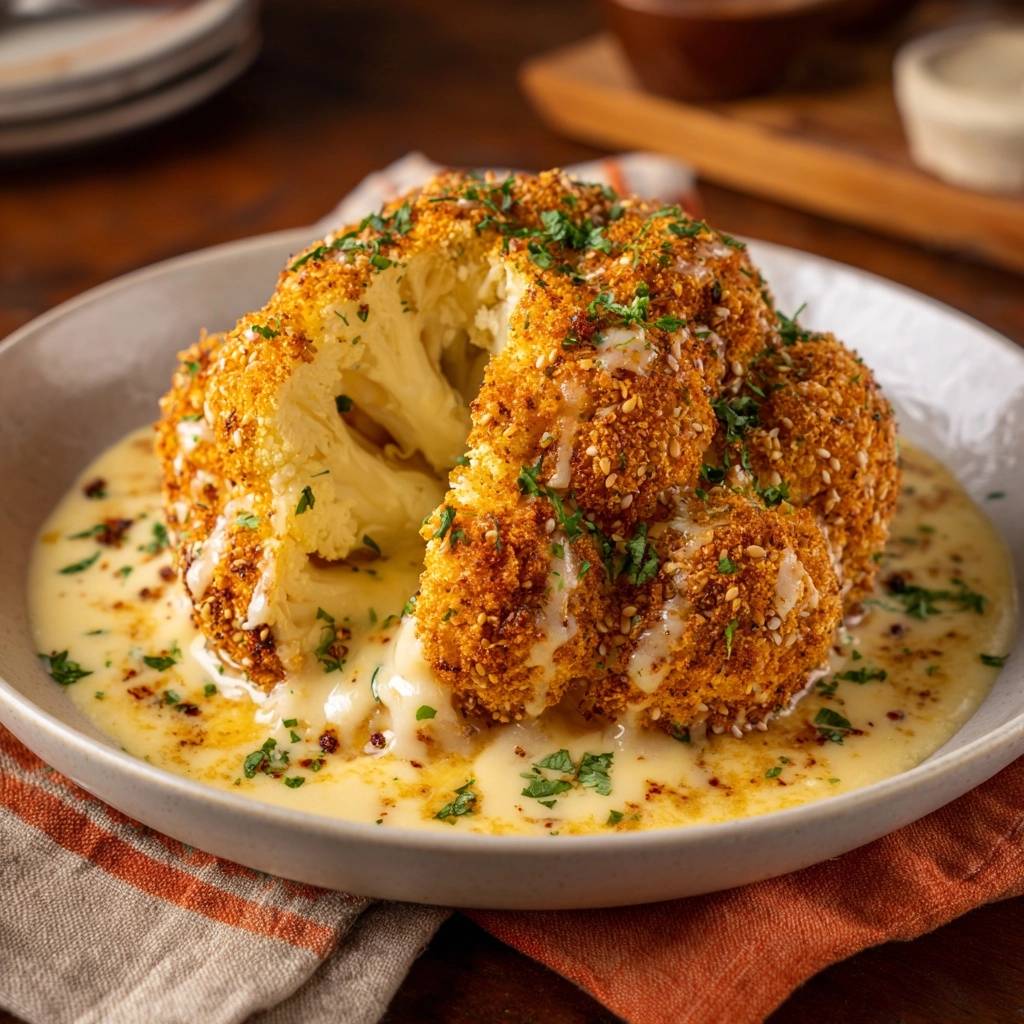 Ganzer Parmesan-Blumenkohl aus dem Ofen angeschnitten mit knuspriger Kruste und cremiger Sauce, garniert mit Petersilie.