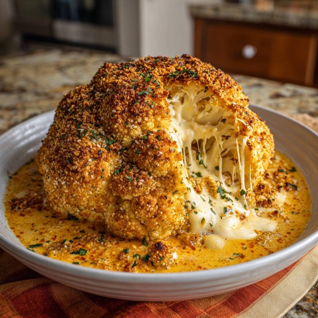 Ganzer Parmesan-Blumenkohl aus dem Ofen, eine Ansicht von innen mit geschmolzenem Käse, der aus dem knusprigen Äußeren herausfließt.