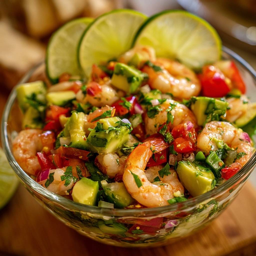 Frischer Garnelen-Avocado-Salat mit Limescheiben und frischer Petersilie, serviert in einer Glasschüssel, mit Fokus auf die einzelnen Zutaten.