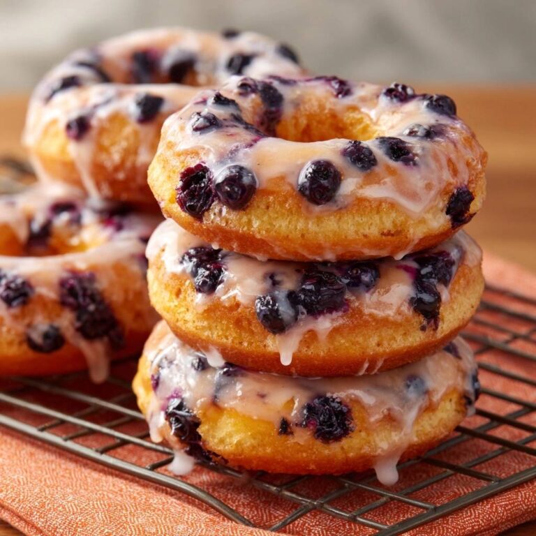 Gebackene Blaubeer-Donuts saftig und fluffig, gestapelt auf einem Drahtgitter zum Abkühlen.