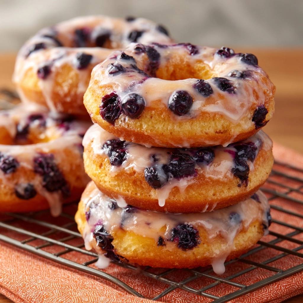 Gebackene Blaubeer-Donuts saftig und fluffig, gestapelt auf einem Drahtgitter zum Abkühlen.