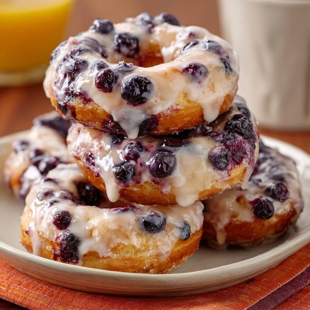 Gebackene Blaubeer-Donuts, gestapelt auf einem Teller mit einer süßen Glasur und ganzen Blaubeeren, Nahaufnahme.